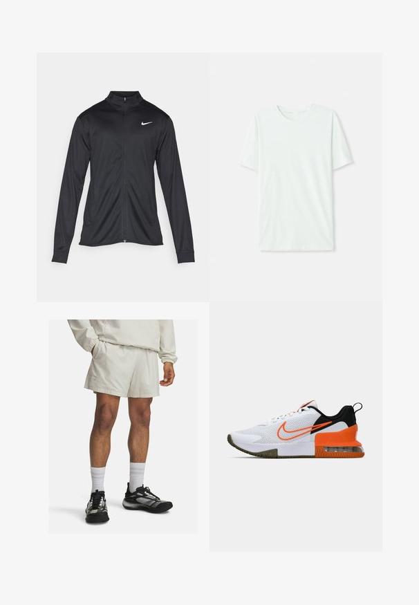Czarna sportowa kurtka z długimi rękawami, kołnierzem i pełnym zamkiem. Posiada subtelne logo Nike w białym kolorze na lewej górnej części klatki piersiowej. Gładka tekstura.; Jasno miętowa koszulka z krótkim rękawem, wykonana z miękkiego materiału. Posiada okrągły dekolt oraz prosty krój bez zdobień.; Beżowe szorty sportowe z elastycznym pasem i bocznymi kieszeniami, w połączeniu z czarno-szarymi butami sportowymi oraz białymi skarpetkami do kostek.; Białe sportowe buty z teksturowaną siateczką, czarnymi i pomarańczowymi akcentami, grubą gumową podeszwą oraz przezroczystą poduszką powietrzną w części piętowej.