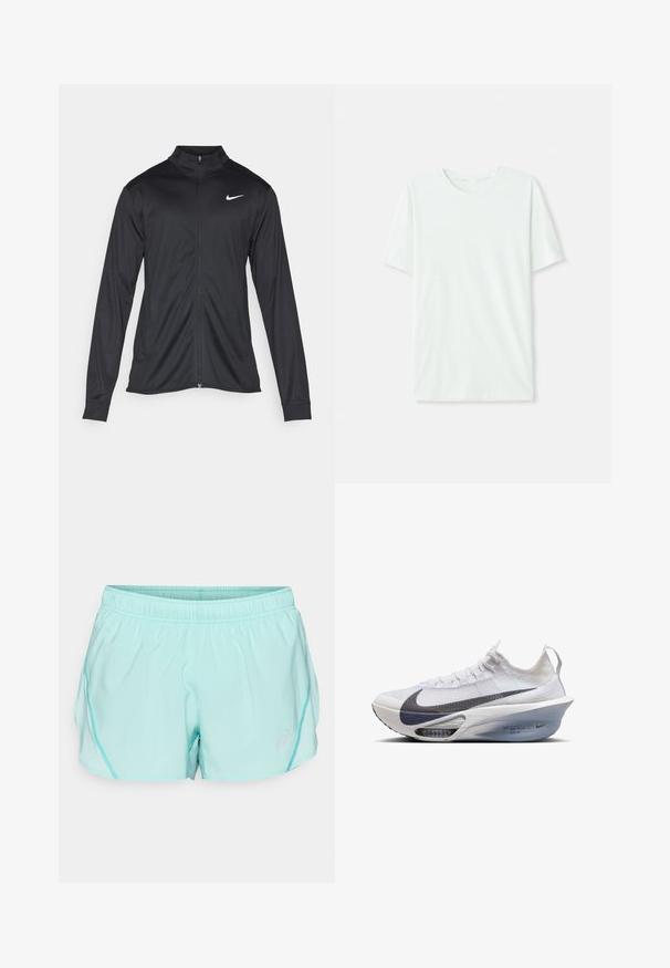 Giacca sportiva nera con maniche lunghe, colletto e zip completa. Presenta un logo Nike in bianco sulla parte superiore del lato sinistro del petto. Tessuto morbido.; T-shirt corto a maniche corte di un leggero verde menta, realizzato in tessuto morbido. Presenta un colletto a girocollo e una silhouette semplice e dritta senza decorazioni.; Shorts sportivi turchesi chiari con cintura elastica, pannelli laterali in rete e un piccolo logo nella parte anteriore inferiore. Tessuto liscio e vestibilità comoda.; Scarpa da corsa Nike in tessuto bianco con baffo grigio, forma aerodinamica, soletta trasparente e ammortizzazione ad aria visibile.