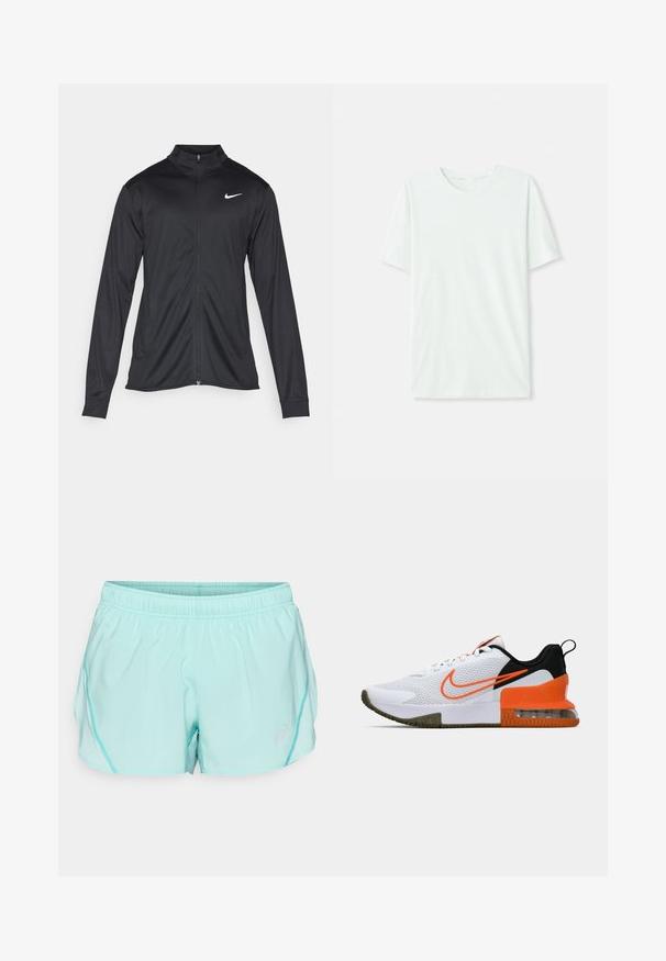 Μαύρο αθλητικό μπουφάν με μακριά μανίκια, γιακά και πλήρη φερμουάρ. Διαθέτει ένα διακριτικό λευκό λογότυπο της Nike στη πάνω αριστερή πλευρά του στήθους. Λείος υφασμάτινος χαρακτήρας.; Φωτεινό μέντα πράσινο κοντομάνικο μπλουζάκι από μαλακό ύφασμα. Διαθέτει στρογγυλή λαιμόκοψη και απλή, ευθεία γραμμή χωρίς διακοσμήσεις.; Ανοιχτό τυρκουάζ σορτς αθλητισμού με ελαστική μέση, πλάγιες πλέγματες επενδύσεις και μικρό λογότυπο στο κάτω μπροστινό μέρος. Λείος υφής και άνετη εφαρμογή.; Λευκό αθλητικό παπούτσι με υφασμάτινο επάνω μέρος με υφή, μαύρες και πορτοκαλί λεπτομέρειες, παχιά καουτσούκ σόλα και διαφανή τμήμα αεροθάλαμου στη φτέρνα.