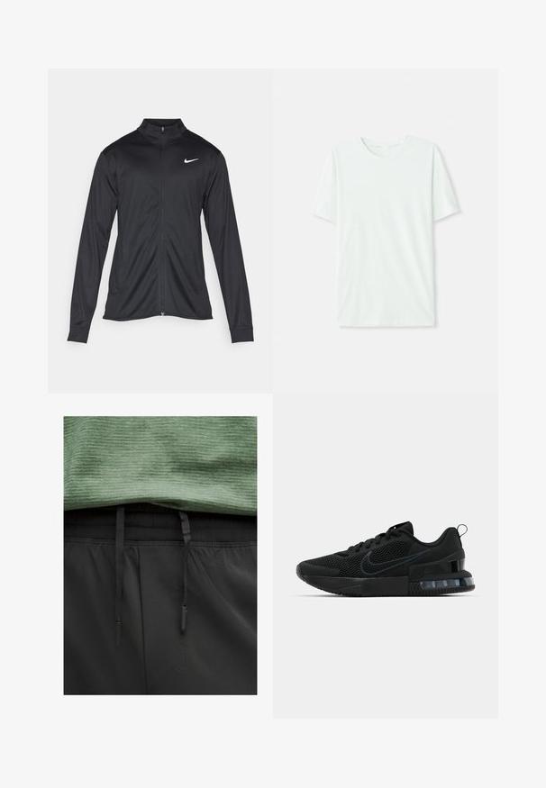 Juodas sportinis švarkas su ilgomis rankovėmis, apykakle ir pilnu užtrauktuku. Yra subtilus baltas Nike logotipas kairėje krūtinės pusėje. Lygus tekstūra.; Šviesiai mėtos žalios spalvos trumpų rankovių marškinėliai, pagaminti iš minkštos medžiagos. Turi apvalią iškirptę ir paprastą tiesų siluetą be dekoro.; Žalia sportinė marškinė su tekstūruotu paviršiumi, uždengti juodais šortais, turinčiais raištelį ir lygaus audinio.; Juodas Nike sportinis batas su tinklo viršumi, guminėmis padais, paminkštintu apykakle ir išskirtiniu skaidriu kulno akcentu.