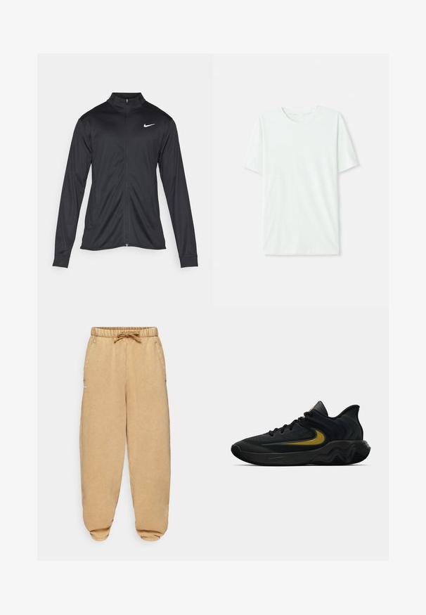 Zwarte sportjack met lange mouwen, kraag en volle rits. Voorzien van een subtiele Nike-logo in het wit op de bovenste linkerborst. Soepele textuur.; Licht mintgroen T-shirt met korte mouwen, gemaakt van zachte stof. Het heeft een ronde halslijn en een simpele, rechte snit zonder versieringen.; Beige joggingsbroek gemaakt van zachte stof, voorzien van een elastische tailleband met een trekkoord, zijzakken en taps toelopende boorden.; Zwarte en donkergrijze sportschoen met zwarte veters en een gouden swoosh-logo, met een golvend zoolontwerp en een gepolsterde hielkraag.