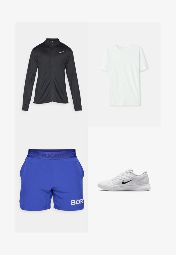 Jacket desportivo preto com mangas longas, colarinho e fecho zip completo. Apresenta um discreto logotipo da Nike em branco na parte superior do lado esquerdo do peito. Textura suave.; T-shirt curto de manga curta em verde menta claro, feito de tecido suave. Apresenta um decote redondo e um corte simples e reto, sem adornos.; Bermudas azul royal com uma textura suave, cintura elástica com o logótipo "BJÖRN BORG" e bolsos laterais. Detalhe de marcação perfurada em branco.; Sapatilha atlética branca com parte superior em malha texturizada, swoosh preto da Nike, colarinho almofadado e sola de borracha com um padrão de ranhura.