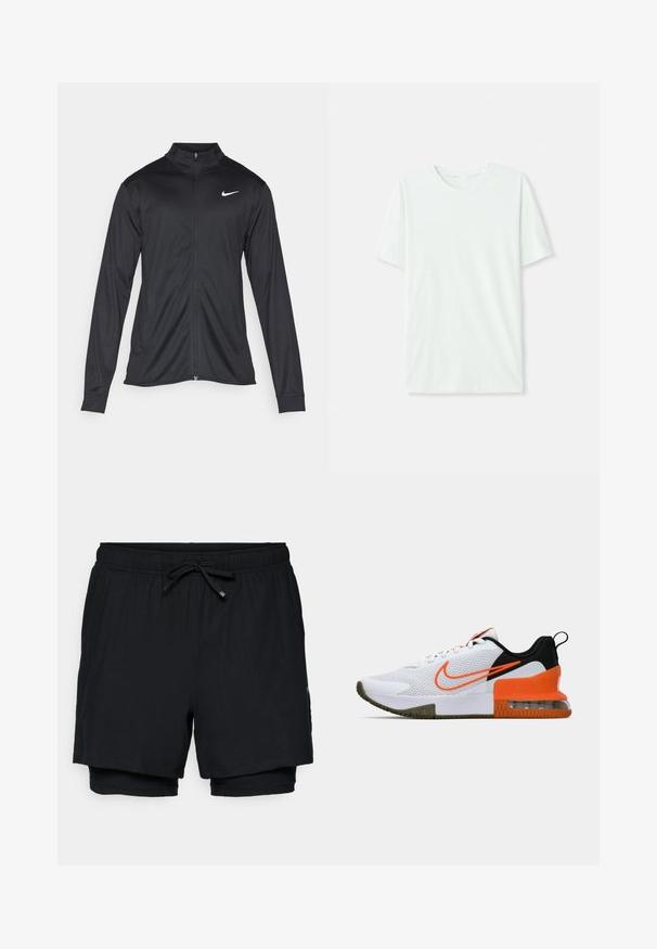 Musta urheilutakki pitkillä hihoilla, kauluksella ja kokonaisella vetoketjulla. Täydentää hienovarainen Nike-logo valkoisena vasemmassa ylärinnassa. Litteä pinta.; Vihreä mintun värinen lyhythihainen t-paita, joka on valmistettu pehmeästä kankaasta. Siinä on pyöreä kaula-aukko ja yksinkertainen, suora leikkaus ilman koristeita.; Mustat urheilushortsit, joissa on joustava vyötärö, säädettävä nauha ja sisäinen vuori. Sujuva kangas klassisella muotoilulla ilman kuvioita.; Valkoinen urheilukenkä, jossa on ristikkopintainen yläosa, mustia ja oransseja yksityiskohtia, paksu kumipohja ja selkeä ilmatyynyosa kantapäässä.