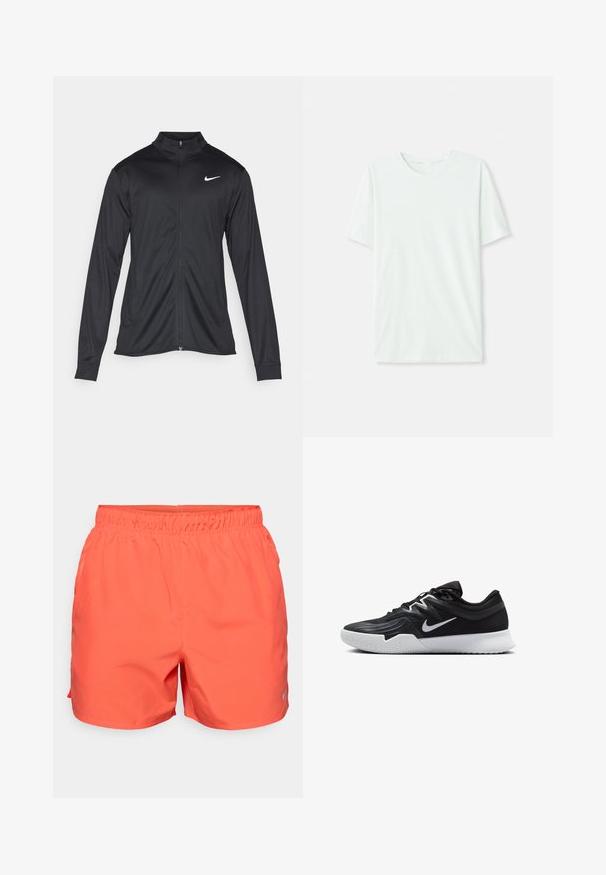 Jacket desportivo preto com mangas longas, colarinho e fecho zip completo. Apresenta um discreto logotipo da Nike em branco na parte superior do lado esquerdo do peito. Textura suave.; T-shirt curto de manga curta em verde menta claro, feito de tecido suave. Apresenta um decote redondo e um corte simples e reto, sem adornos.; Calções atléticos corais com um cós elástico, material leve e um pequeno logótipo refletor no lado inferior esquerdo.; Sapatilha atlética preta com um cabedal texturizado, swoosh branco da Nike e uma sola de borracha branca. Apresenta um design com atacadores e uma forma dinâmica.