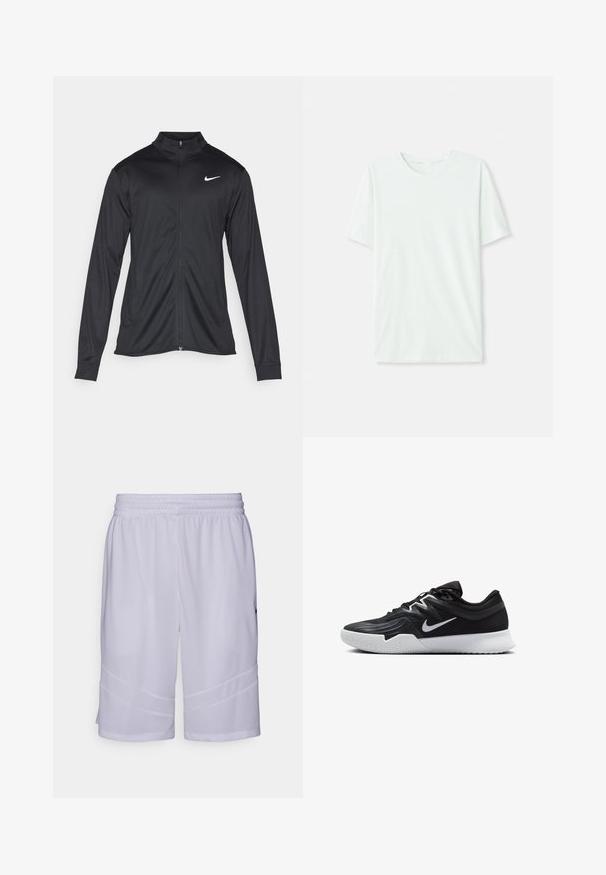 Crna sportska jakna s dugim rukavima, ovratnikom i punim patentnim zatvaračem. Ima suptilan Nike logo u bijeloj boji na gornjem lijevom dijelu prsne oznake. Glatka tekstura.; Svijetlo mint zelena majica kratkih rukava izrađena od mekog materijala. Ima okrugli vrat i jednostavan, ravni kroj bez ukrasa.; Bijele atletske šortse od prozračnog mrežastog materijala. Imaju elastičnu traku oko struka i kose panela na rubu.; Crna sportska cipela s teksturiranim gornjim dijelom, bijelim Nike swooshom i bijelim gumennim potplatom. Ima dizajn s vezanjem i dinamičan oblik.