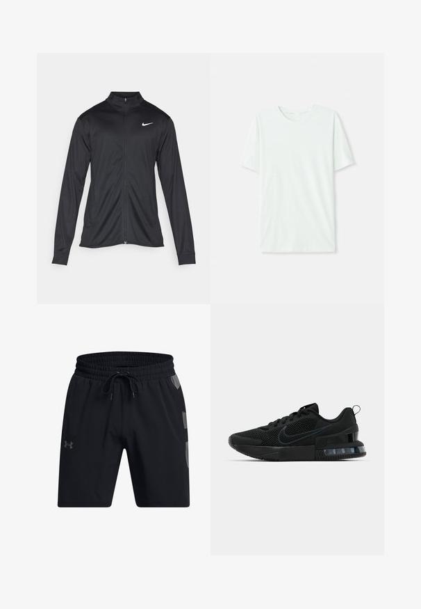 Melna sporta jaka ar garām piedurknēm, apkakli un pilnu rāvējslēdzēju. Uz kreisā krūts augšdaļas ir maigs Nike logo baltā krāsā. Gluda tekstūra.; Gai mints zaļš īsu piedurkņu T-krekls, izgatavots no mīkstas auduma. Tam ir apaļa kakla izgriezuma forma un vienkāršs, taisns griezums bez rotājumiem.; Under Armour BASELINE SHORT - Sporta šorti - black castlerock; Melnas Nike sporta kurpes ar sietu augšpusi, gumijas zoli, polsterētu apkakli un izteiktu caurspīdīgu papēdi.