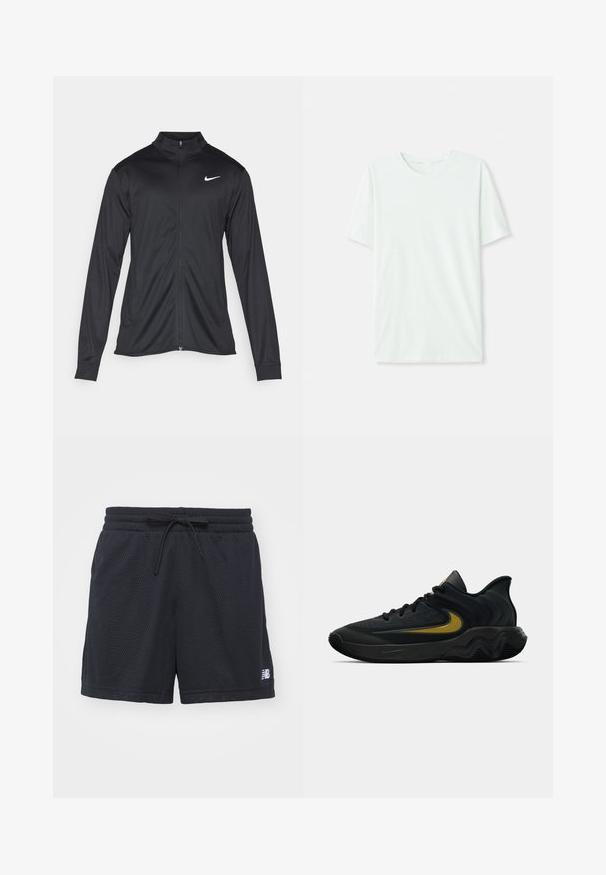 Fekete sportdzseki hosszú ujjal, gallérral és teljes cipzárral. Diszkrét fehér Nike logóval az upper bal mellen. Sima textúra.; Világos menta zöld, rövidujjú póló, puha anyagból készült. Kerek nyakkivágással és egyszerű, egyenes szabással rendelkezik, díszítések nélkül.; Fekete hálós sportnadrág, elöl húzózsinórral ellátott rugalmas derékkal és egy kis fehér logóval az alsó jobb oldalon.; Fekete és sötétszürke sportcipő fekete fűzővel és arany swoosh logóval, hullámos talpformával és párnázott sarokpánttal.