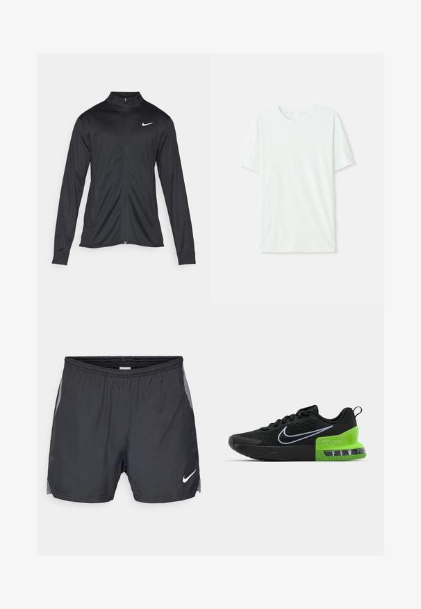 Black athletic jacket with long sleeves, collar, and full zipper. Features a subtle Nike logo in white on the upper left chest. Smooth texture.; Light mint green short-sleeve t-shirt made of soft fabric. Features a crew neckline and a simple, straight cut without embellishments.; Black athletic shorts featuring a mesh side panel and an elastic waistband. Logo in white on the lower front. Lightweight fabric.; Black athletic shoe with mesh upper, featuring a green and black sole with air cushioning, and a white Nike swoosh logo.