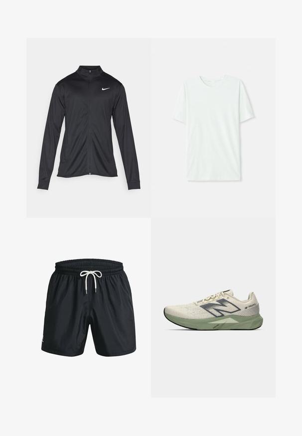 Chaqueta atlética negra con mangas largas, collar y cremallera completa. Presenta un sutil logo de Nike en blanco en la parte superior izquierda del pecho. Textura suave.; Camiseta de manga corta en verde menta claro, hecha de tela suave. Presenta un cuello redondo y un corte recto simple, sin adornos.; Bañador negro hecho de tela ligera, con una cintura elástica y cordón blanco, además de bolsillos laterales. Textura suave, diseño sencillo.; Zapatilla de running con un upper de crema claro texturizado, un logo lateral gris y una entresuela verde con un diseño triangular. Suela exterior negra.