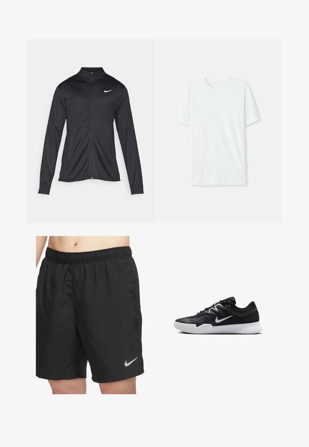 Czarna sportowa kurtka z długimi rękawami, kołnierzem i pełnym zamkiem. Posiada subtelne logo Nike w białym kolorze na lewej górnej części klatki piersiowej. Gładka tekstura.; Jasno miętowa koszulka z krótkim rękawem, wykonana z miękkiego materiału. Posiada okrągły dekolt oraz prosty krój bez zdobień.; Czarne sportowe szorty wykonane z lekkiego materiału, z elastycznym pasem i małym szarym logo Nike w dolnym prawym rogu.; Czarne buty sportowe z teksturowaną cholewką, białym logo Nike i białą gumową podeszwą. Charakteryzują się sznurowanym zapięciem i dynamicznym kształtem.