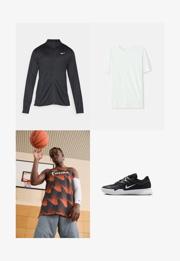 Melna sporta jaka ar garām piedurknēm, apkakli un pilnu rāvējslēdzēju. Uz kreisā krūts augšdaļas ir maigs Nike logo baltā krāsā. Gluda tekstūra.; Gai mints zaļš īsu piedurkņu T-krekls, izgatavots no mīkstas auduma. Tam ir apaļa kakla izgriezuma forma un vienkāršs, taisns griezums bez rotājumiem.; WNBA t-krekls oranžā un melnā krāsā ar viļņu rakstu. Apvienots ar pelēkiem šortiem un baltu roku piedurkni, turēdams basketbolu virsū.; Melni sporta apavi ar teksturētu virsu, balto Nike zulumu un balto gumijas zoli. Iezīmējas ar auklu pievilkšanas dizainu un dinamisku formu.