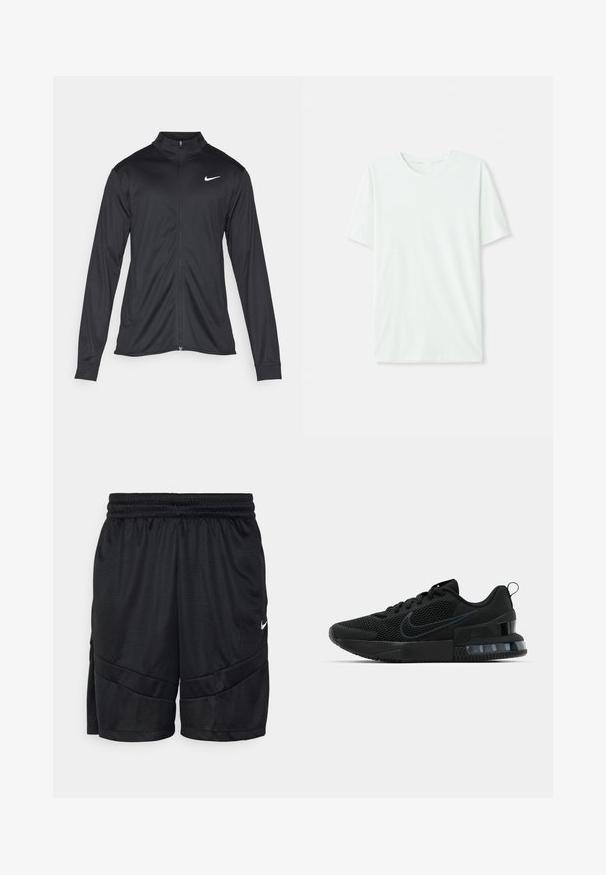 Jachetă sportivă neagră cu mâneci lungi, guler și fermoar complet. Prezintă un logo Nike subtil, alb, pe pieptul din stânga sus. Textură netedă.; Tricou scurt, de culoare verde mentă, din țesătură moale. Are un gât rotund și o croială simplă, dreaptă, fără embellishments.; Shorts atletici negri din țesătură de plasă texturată, cu un brâu elastic și detalii de cusături intersectante. Logo mic alb pe lateral.; Pantofii atletici negri Nike au un superior din plasă, talpă din cauciuc, guler căptușit și un accent distinct transparent în călcâi.