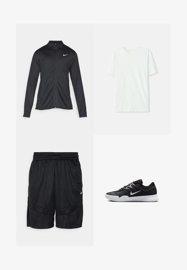 Fekete sportdzseki hosszú ujjal, gallérral és teljes cipzárral. Diszkrét fehér Nike logóval az upper bal mellen. Sima textúra.; Világos menta zöld, rövidujjú póló, puha anyagból készült. Kerek nyakkivágással és egyszerű, egyenes szabással rendelkezik, díszítések nélkül.; Fekete sportnadrág texturált hálós anyagból, rugalmas derékpánttal és keresztirányú varrásokkal. Kis fehér logó az oldalon.; Fekete sportcipő texturált felsőrésszel, fehér Nike logóval és fehér gumitalppal. Fűzős kialakítással és dinamikus formával rendelkezik.