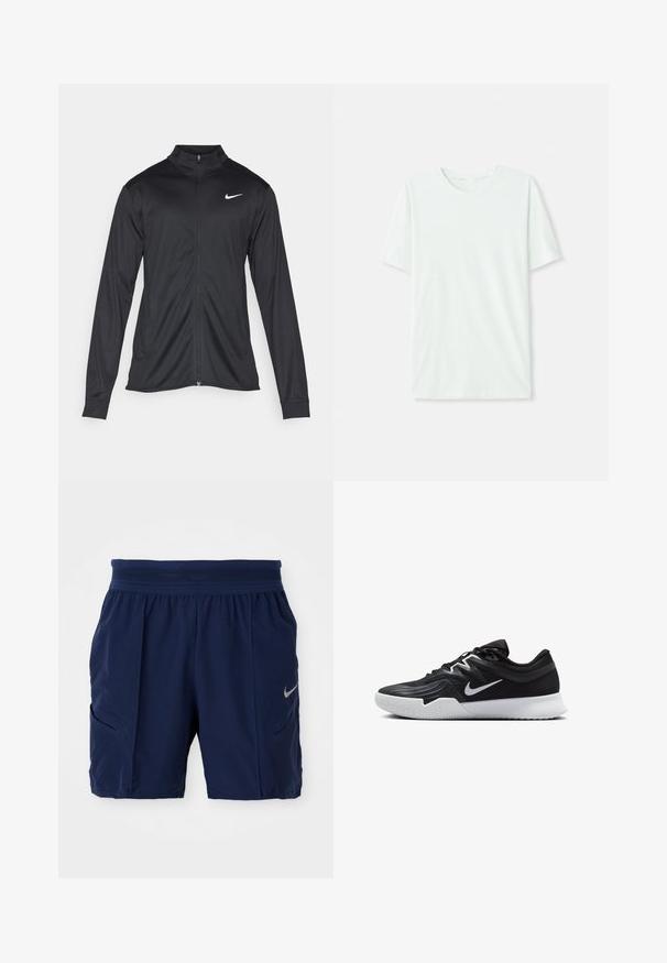 Must värvi sportlik jakk pikkade varrukatega, krae ja täispikk tõmblukk. Ülemises vasakus rinnas on diskreetne valge Nike logo. Sile tekstuur.; Heleheline mintroheline lühikeste varrukatega t-särk, mis on valmistatud pehmest kangast. Omab ümmargust kaelust ja lihtsat, sirget lõiget ilma kaunistusteta.; Tumed sinine sportlikud lühikesed püksid, mis on valmistatud kergest kangast, painduva vöökoha, kahe küljepocketi ja väikese hõbedase Nike logoga.; Must mustad jalanikesad rikaste ülaservaga, valge Nike swoosh'i ja valge kummist välispõhjaga. Omab paeltega sulgemisdetaili ja dünaamilist kuju.