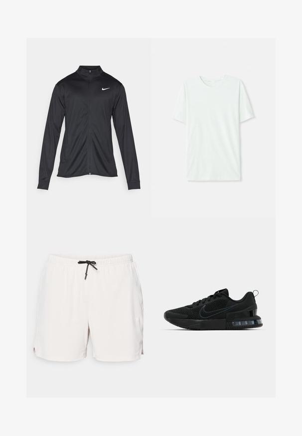 Black athletic jacket with long sleeves, collar, and full zipper. Features a subtle Nike logo in white on the upper left chest. Smooth texture.; Light mint green short-sleeve t-shirt made of soft fabric. Features a crew neckline and a simple, straight cut without embellishments.; Light beige athletic shorts with a textured fabric, elastic waistband, and black drawstring detail. Includes side slit pockets.; Black Nike athletic shoe featuring a mesh upper, rubber sole, padded collar, and a distinct transparent heel accent.
