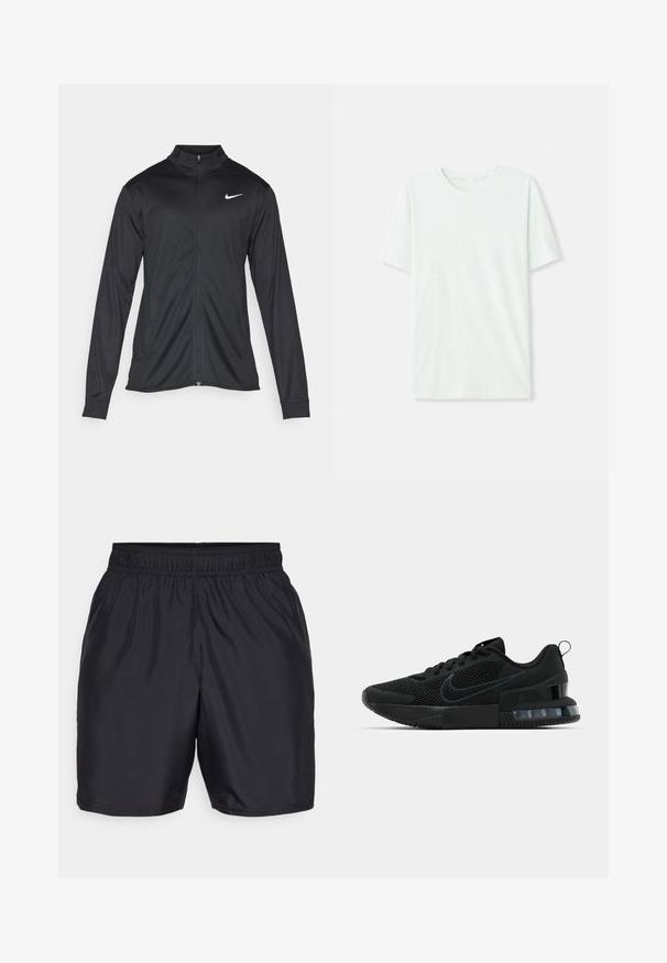 Svart idrottsjacka med långa ärmar, krage och full dragkedja. Har en diskret Nike-logga i vitt på övre vänstra bröstet. Slät yta.; Ljus mintgrön t-shirt med kort ärm gjord av mjukt tyg. Har rundad halsringning och en enkel, rak passform utan utsmyckningar.; Svarta sportiga shorts gjorda av lätt, slät tyg. Utformad med resårmidja och rak skärning utan synliga mönster eller dekorationer.; Svart Nike sportskor med ovandel i nät, gummisula, vadderad krage och en distinkt transparent hälaccents.