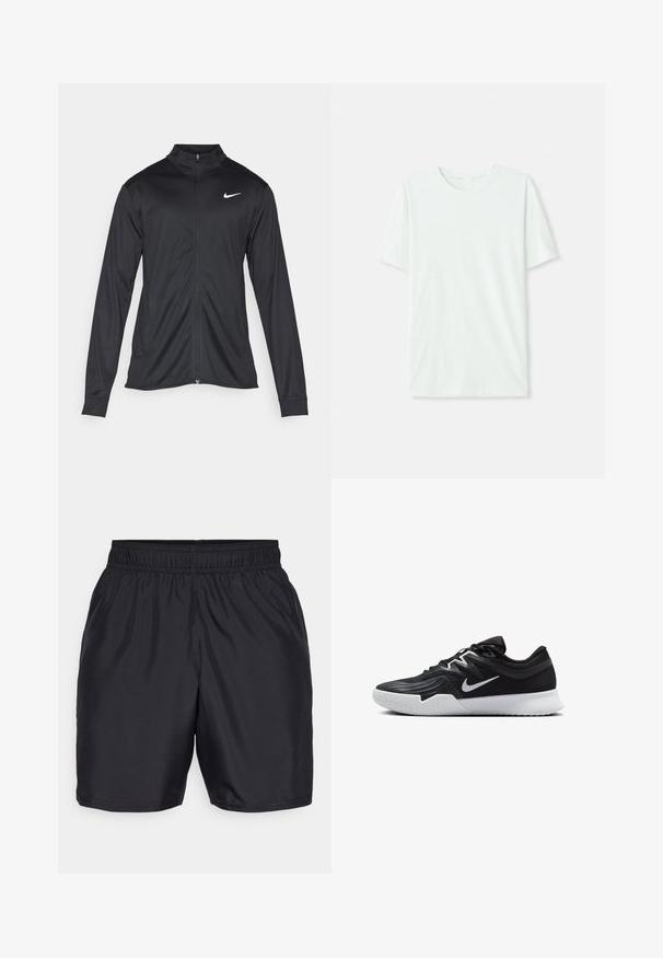 Melna sporta jaka ar garām piedurknēm, apkakli un pilnu rāvējslēdzēju. Uz kreisā krūts augšdaļas ir maigs Nike logo baltā krāsā. Gluda tekstūra.; Gai mints zaļš īsu piedurkņu T-krekls, izgatavots no mīkstas auduma. Tam ir apaļa kakla izgriezuma forma un vienkāršs, taisns griezums bez rotājumiem.; Melnas sporta šortus, kas izgatavoti no viegla, gluda auduma. Ievērojama elastīga josta un taisns griezums bez redzamām rakstiem vai akcentiem.; Melni sporta apavi ar teksturētu virsu, balto Nike zulumu un balto gumijas zoli. Iezīmējas ar auklu pievilkšanas dizainu un dinamisku formu.