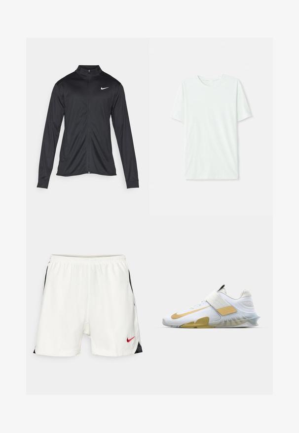 Zwarte sportjack met lange mouwen, kraag en volle rits. Voorzien van een subtiele Nike-logo in het wit op de bovenste linkerborst. Soepele textuur.; Licht mintgroen T-shirt met korte mouwen, gemaakt van zachte stof. Het heeft een ronde halslijn en een simpele, rechte snit zonder versieringen.; Witte sportshorts met zwarte accenten aan de zijkanten, elastische tailleband en een rode Nike-logo aan de onderkant van de voorkant. Glad, lichtgewicht materiaal.; Witte sportschoen met gouden accenten, een gestructureerde mesh bovenlaag, een gevoerde kraag en een doorschijnende rubberen zool; voorzien van een brede band over de middenvoet.