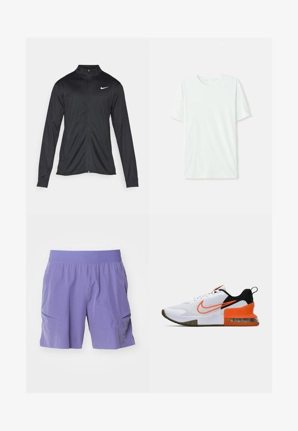 Black athletic jacket with long sleeves, collar, and full zipper. Features a subtle Nike logo in white on the upper left chest. Smooth texture.; Light mint green short-sleeve t-shirt made of soft fabric. Features a crew neckline and a simple, straight cut without embellishments.; Purple shorts made of lightweight material, featuring an elastic waistband and two side pockets. Simple design with a subtle logo detail.; White athletic shoe with a textured mesh upper, black and orange accents, a thick rubber sole, and a clear air cushion section at the heel.