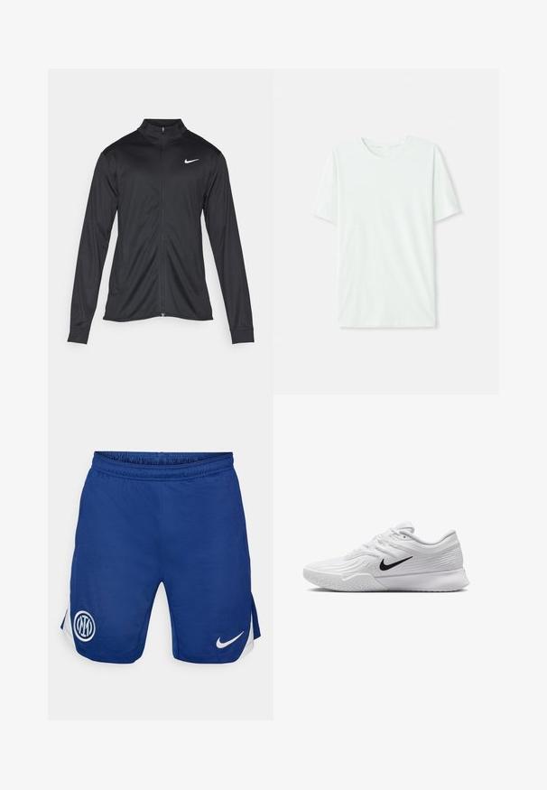 Chaqueta atlética negra con mangas largas, collar y cremallera completa. Presenta un sutil logo de Nike en blanco en la parte superior izquierda del pecho. Textura suave.; Camiseta de manga corta en verde menta claro, hecha de tela suave. Presenta un cuello redondo y un corte recto simple, sin adornos.; Pantalones cortos deportivos azules hechos de un tejido ligero, con un logotipo blanco de Nike y un emblema en la pierna izquierda, con aberturas laterales para mayor movilidad.; Zapatilla deportiva blanca con parte superior de malla texturizada, swoosh negro de Nike, cuello acolchado y suela de goma con un patrón de taco.