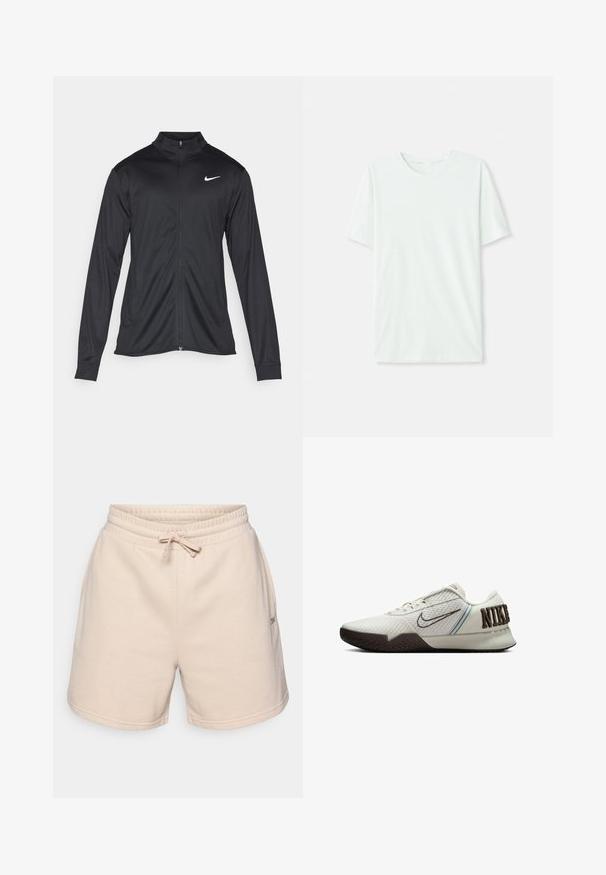 Zwarte sportjack met lange mouwen, kraag en volle rits. Voorzien van een subtiele Nike-logo in het wit op de bovenste linkerborst. Soepele textuur.; Licht mintgroen T-shirt met korte mouwen, gemaakt van zachte stof. Het heeft een ronde halslijn en een simpele, rechte snit zonder versieringen.; Beige katoenen shorts met een elastische tailleband, verstelbaar koord en twee zijzakken. Heeft een klein logo aan de zijkant.; Nike-schoenen met een gestructureerde lichtgrijze bovenkant, donkerbruine zool, blauwe accentstreep en een opvallend bruin logo op de hak.