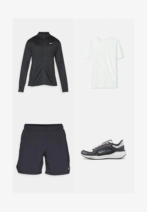 Black athletic jacket with long sleeves, collar, and full zipper. Features a subtle Nike logo in white on the upper left chest. Smooth texture.; Light mint green short-sleeve t-shirt made of soft fabric. Features a crew neckline and a simple, straight cut without embellishments.; Black athletic shorts made of lightweight fabric, featuring an elastic waistband and side slits for mobility. Minimal branding on the side.; Black and gray athletic shoe with a mesh upper, reflective accents, and a white midsole. Features textured rubber outsole and laces.