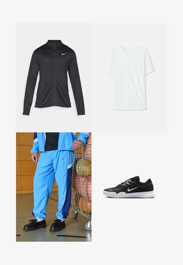 Svart idrottsjacka med långa ärmar, krage och full dragkedja. Har en diskret Nike-logga i vitt på övre vänstra bröstet. Slät yta.; Ljus mintgrön t-shirt med kort ärm gjord av mjukt tyg. Har rundad halsringning och en enkel, rak passform utan utsmyckningar.; Ljusblå idrottsbyxor med mörkblå sidostråk, elastiska mudd och svarta skor med en tofsdetalj. Staplade sportbollar i en vagn i närheten.; Svarta träningsskor med en texturerad ovandel, vit Nike-logga och en vit gummisula. Har snörningsdesign och en dynamisk form.