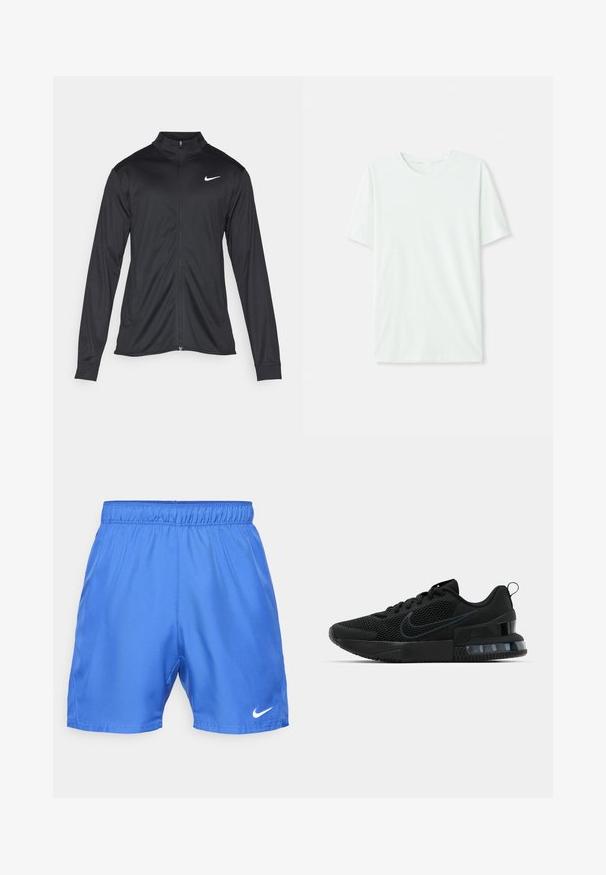 Fekete sportdzseki hosszú ujjal, gallérral és teljes cipzárral. Diszkrét fehér Nike logóval az upper bal mellen. Sima textúra.; Világos menta zöld, rövidujjú póló, puha anyagból készült. Kerek nyakkivágással és egyszerű, egyenes szabással rendelkezik, díszítések nélkül.; Nike Performance NIKECOURT VICTORY SHORT - Sport rövidnadrágok - astronomy blue/white; Fekete Nike sportcipő, hálós felsőrésszel, gumitalppal, párnázott nyakkal és jellegzetes átlátszó sarokbetéttel.
