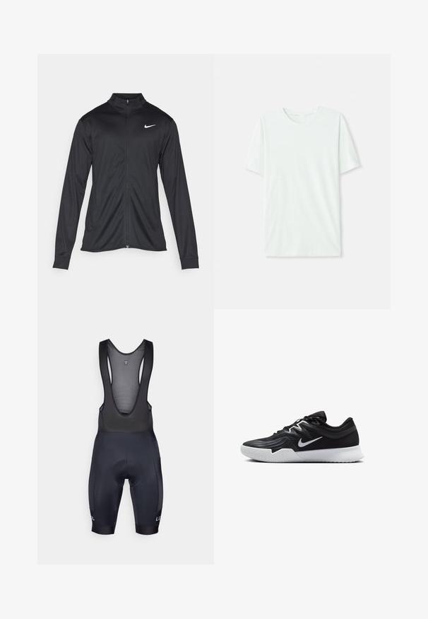 Čierna športová bunda s dlhými rukávmi, golierom a plným zipsom. Obsahuje nenápadné logo Nike v bielej farbe na hornej ľavej hrudi. Hladká textúra.; Svetlo mentolová kráťacia tričko s krátkym rukávom vyrobené z jemnej látky. Má okrúhly výstrih a jednoduchý, rovný strih bez ozdôb.; Čierne cyklistické šortky s okami na ramienkach, polstrovaným sedadlom a elastickými manžetami. Obsahuje logo na ľavom stehne a priliehavý, aerodynamický dizajn.; Čierna športová topánka s textúrovaným zvrškom, bielym logom Nike a bielou gumovou podrážkou. Má šnurovací dizajn a dynamický tvar.