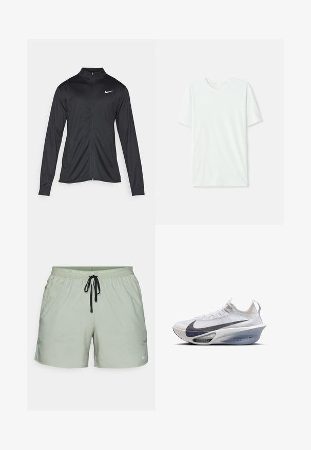 Juodas sportinis švarkas su ilgomis rankovėmis, apykakle ir pilnu užtrauktuku. Yra subtilus baltas Nike logotipas kairėje krūtinės pusėje. Lygus tekstūra.; Šviesiai mėtos žalios spalvos trumpų rankovių marškinėliai, pagaminti iš minkštos medžiagos. Turi apvalią iškirptę ir paprastą tiesų siluetą be dekoro.; Nike Performance STRIDE - Sportiniai šortai - jade horizon/black/reflective silver; Balta tekstilinių Nike bėgimo batelių, su pilku swooshu, aerodinaminė forma, skaidriu padu ir matoma oro amortizacija.