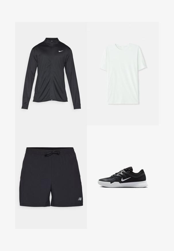 Μαύρο αθλητικό μπουφάν με μακριά μανίκια, γιακά και πλήρη φερμουάρ. Διαθέτει ένα διακριτικό λευκό λογότυπο της Nike στη πάνω αριστερή πλευρά του στήθους. Λείος υφασμάτινος χαρακτήρας.; Φωτεινό μέντα πράσινο κοντομάνικο μπλουζάκι από μαλακό ύφασμα. Διαθέτει στρογγυλή λαιμόκοψη και απλή, ευθεία γραμμή χωρίς διακοσμήσεις.; Μαύρα αθλητικά σορτς με ελαστική μέση και ρυθμιζόμενο κορδόνι. Διαθέτει το λογότυπο New Balance σε γκρι στο κάτω δεξί πόδι.; Μαύρο αθλητικό παπούτσι με υφή στο επάνω μέρος, λευκό σήμα Nike και λευκή καουτσούκ σόλα. Διαθέτει σχέδιο με κορδόνια και δυναμικό σχήμα.