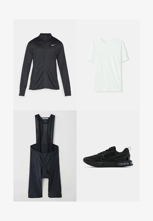 Must värvi sportlik jakk pikkade varrukatega, krae ja täispikk tõmblukk. Ülemises vasakus rinnas on diskreetne valge Nike logo. Sile tekstuur.; Heleheline mintroheline lühikeste varrukatega t-särk, mis on valmistatud pehmest kangast. Omab ümmargust kaelust ja lihtsat, sirget lõiget ilma kaunistusteta.; Mustad mustrid rattasõiduks, millel on võrgustruktuuriga rihmad, elastne materjal, polsterdatud istumisosa ja logo detail sääre lähedal. Kerge ja tihedalt istuv disain.; Must must Ameerika must must must must must must must