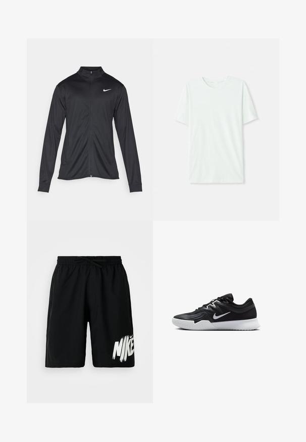 Must värvi sportlik jakk pikkade varrukatega, krae ja täispikk tõmblukk. Ülemises vasakus rinnas on diskreetne valge Nike logo. Sile tekstuur.; Heleheline mintroheline lühikeste varrukatega t-särk, mis on valmistatud pehmest kangast. Omab ümmargust kaelust ja lihtsat, sirget lõiget ilma kaunistusteta.; Mustad põlvekõrgused mustad lühikesed püksid, millel on elastne vöökoht ja nöör, esitades julge valge Nike logo vasakul jalaseljal.; Must mustad jalanikesad rikaste ülaservaga, valge Nike swoosh'i ja valge kummist välispõhjaga. Omab paeltega sulgemisdetaili ja dünaamilist kuju.