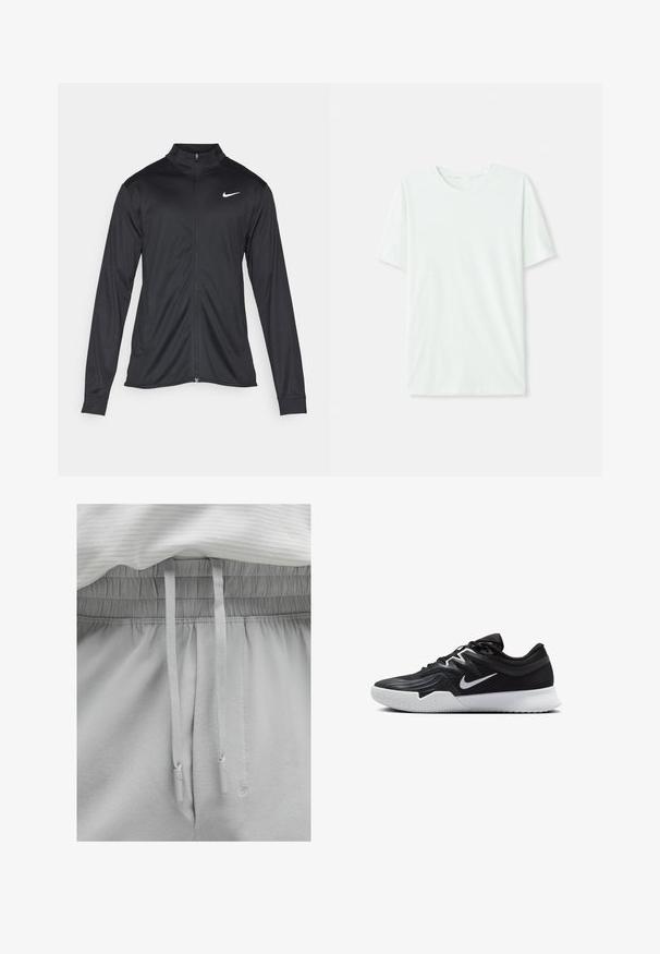 Schwarze Sportjacke mit langen Ärmeln, Kragen und voller Reißverschluss. Verfügt über ein dezentes Nike-Logo in Weiß auf der oberen linken Brust. Glatte Textur.; Helles mintgrünes T-Shirt mit kurzen Ärmeln aus weichem Stoff. Es hat einen Rundhalsausschnitt und einen schlichten, geraden Schnitt ohne Verzierungen.; Hellgraue Sweatpants mit elastischem Bund und Kordelzug. Weicher Stoff mit glatter Textur, entspannter Schnitt und schlichter Gestaltung.; Schwarzer Sportschuh mit strukturiertem Obermaterial, weißem Nike-Warenzeichen und einer weißen Gummisohle. Verfügt über ein Schnürdesign und eine dynamische Form.