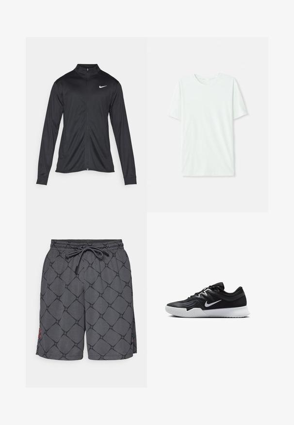 Must värvi sportlik jakk pikkade varrukatega, krae ja täispikk tõmblukk. Ülemises vasakus rinnas on diskreetne valge Nike logo. Sile tekstuur.; Heleheline mintroheline lühikeste varrukatega t-särk, mis on valmistatud pehmest kangast. Omab ümmargust kaelust ja lihtsat, sirget lõiget ilma kaunistusteta.; Hallide hallid ujumispüksid musta geomeetrilise mustriga, elastne vöökoht ja nöör. Küljepesakonna punane õmblus. Sile kangatekstuur.; Must mustad jalanikesad rikaste ülaservaga, valge Nike swoosh'i ja valge kummist välispõhjaga. Omab paeltega sulgemisdetaili ja dünaamilist kuju.