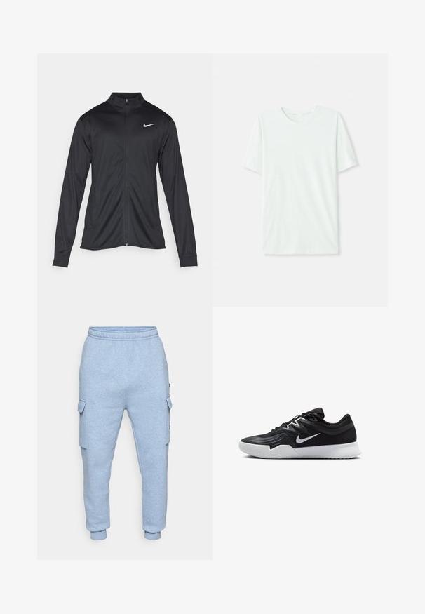 Fekete sportdzseki hosszú ujjal, gallérral és teljes cipzárral. Diszkrét fehér Nike logóval az upper bal mellen. Sima textúra.; Világos menta zöld, rövidujjú póló, puha anyagból készült. Kerek nyakkivágással és egyszerű, egyenes szabással rendelkezik, díszítések nélkül.; Világoskék bolyhos cargo jogger nadrág, elasztikus derékkal, oldalsó zsebekkel és rugalmas bokákkal fehér háttéren.; Fekete sportcipő texturált felsőrésszel, fehér Nike logóval és fehér gumitalppal. Fűzős kialakítással és dinamikus formával rendelkezik.