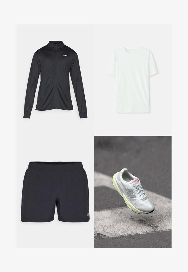 Musta urheilutakki pitkillä hihoilla, kauluksella ja kokonaisella vetoketjulla. Täydentää hienovarainen Nike-logo valkoisena vasemmassa ylärinnassa. Litteä pinta.; Vihreä mintun värinen lyhythihainen t-paita, joka on valmistettu pehmeästä kankaasta. Siinä on pyöreä kaula-aukko ja yksinkertainen, suora leikkaus ilman koristeita.; Mustat urheilushortsit, joissa on kuminauha vyötäröllä, kevyttä kangasta ja huomaamaton logo vasemmassa alareunassa. Sileä rakenne.; Kevyt juoksukenkä valkoisella verkkomateriaalilla, keltaisella välipohjalla ja harmailla yksityiskohdilla. Varustettu erottuvalla 'N' -logolla ja rakenteellisella pinnalla.