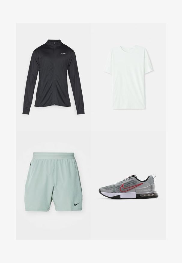 Jachetă sportivă neagră cu mâneci lungi, guler și fermoar complet. Prezintă un logo Nike subtil, alb, pe pieptul din stânga sus. Textură netedă.; Tricou scurt, de culoare verde mentă, din țesătură moale. Are un gât rotund și o croială simplă, dreaptă, fără embellishments.; Nike Performance FLEX REP 4.0 - Pantaloni scurți sport - jade horizon/black; Tenis Nike sportiv, cu o partea superioară din plasă gri, swoosh roșu, guler căptușit și talpă din cauciuc negru, cu amortizare vizibilă a aerului în călcâi.