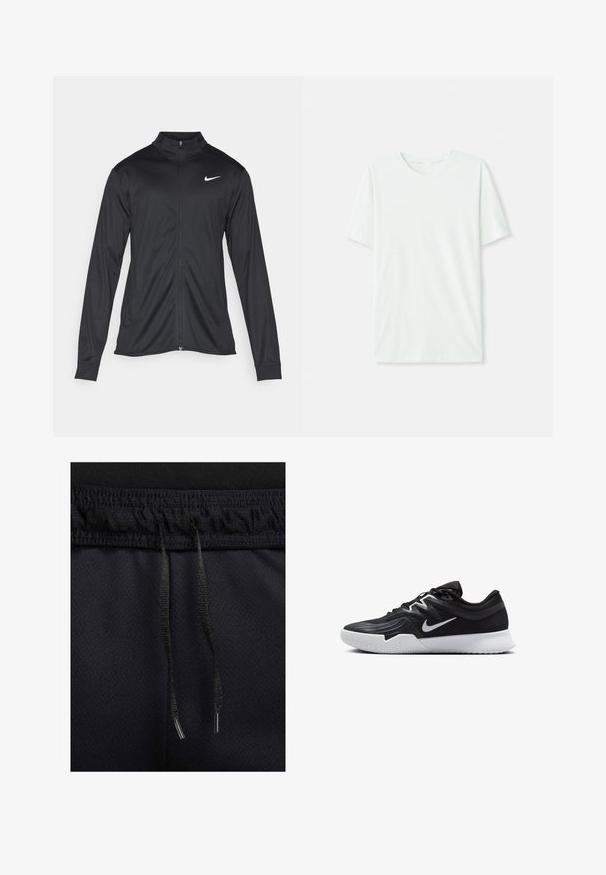 Jachetă sportivă neagră cu mâneci lungi, guler și fermoar complet. Prezintă un logo Nike subtil, alb, pe pieptul din stânga sus. Textură netedă.; Tricou scurt, de culoare verde mentă, din țesătură moale. Are un gât rotund și o croială simplă, dreaptă, fără embellishments.; Shorts atletici negri dintr-un material texturat, cu talie elastică și șnur. Detaliile includ un șnur negru cu agrafe metalice.; Pantof sport negru cu un superior texturat, swoosh alb Nike și o tălpică din cauciuc alb. Dispune de un design cu șireturi și o formă dinamică.