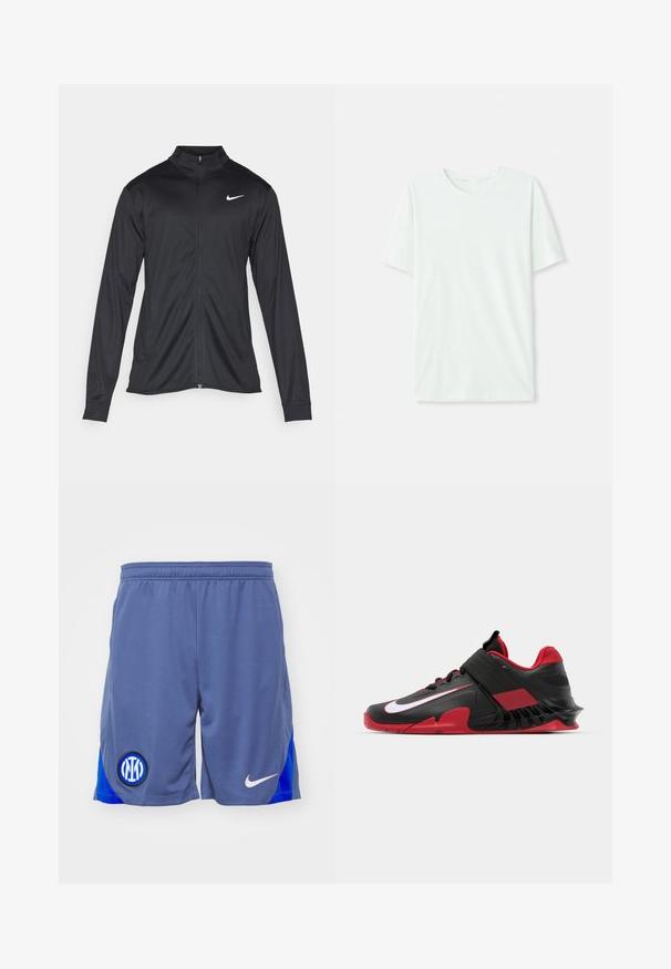 Giacca sportiva nera con maniche lunghe, colletto e zip completa. Presenta un logo Nike in bianco sulla parte superiore del lato sinistro del petto. Tessuto morbido.; T-shirt corto a maniche corte di un leggero verde menta, realizzato in tessuto morbido. Presenta un colletto a girocollo e una silhouette semplice e dritta senza decorazioni.; Pantaloni corti sportivi grigi con un pannello laterale blu, caratterizzati da un logo nero e blu sulla gamba sinistra e uno swoosh bianco della Nike sul lato destro.; Sneakers atletici neri e rossi caratterizzati da un design elegante, tomaia in mesh testurizzato, suola in gomma resistente e un accento bianco del logo ben visibile.