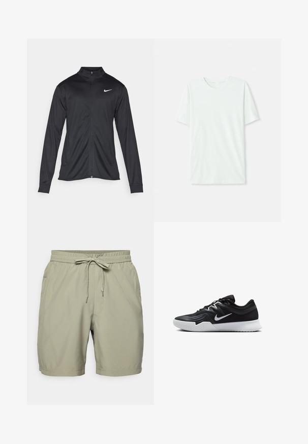 Melna sporta jaka ar garām piedurknēm, apkakli un pilnu rāvējslēdzēju. Uz kreisā krūts augšdaļas ir maigs Nike logo baltā krāsā. Gluda tekstūra.; Gai mints zaļš īsu piedurkņu T-krekls, izgatavots no mīkstas auduma. Tam ir apaļa kakla izgriezuma forma un vienkāršs, taisns griezums bez rotājumiem.; Haki peldbikses ar elastīgu jostasvietu un auklu, ar sānu kabatām un gludu, vieglu audumu.; Melni sporta apavi ar teksturētu virsu, balto Nike zulumu un balto gumijas zoli. Iezīmējas ar auklu pievilkšanas dizainu un dinamisku formu.