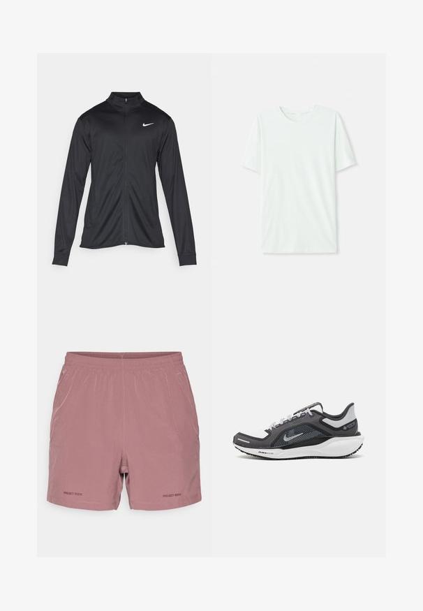Musta urheilutakki pitkillä hihoilla, kauluksella ja kokonaisella vetoketjulla. Täydentää hienovarainen Nike-logo valkoisena vasemmassa ylärinnassa. Litteä pinta.; Vihreä mintun värinen lyhythihainen t-paita, joka on valmistettu pehmeästä kankaasta. Siinä on pyöreä kaula-aukko ja yksinkertainen, suora leikkaus ilman koristeita.; Vaaleanpunaiset urheilushortsit, joissa on joustava vyötärö, minimaalinen ompelu ja "PROJECT ROCK" -logo painettuna vasempaan alakulmaan.; Musta ja harmaa urheilukenka, jossa on verkkopäällinen, heijastavat yksityiskohdat ja valkoinen välipohja. Varustettu kuvioidulla kumipohjalla ja nauhoilla.