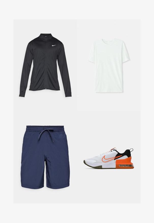 Μαύρο αθλητικό μπουφάν με μακριά μανίκια, γιακά και πλήρη φερμουάρ. Διαθέτει ένα διακριτικό λευκό λογότυπο της Nike στη πάνω αριστερή πλευρά του στήθους. Λείος υφασμάτινος χαρακτήρας.; Φωτεινό μέντα πράσινο κοντομάνικο μπλουζάκι από μαλακό ύφασμα. Διαθέτει στρογγυλή λαιμόκοψη και απλή, ευθεία γραμμή χωρίς διακοσμήσεις.; Ναυτικές βερμούδες κολύμβησης με ελαστική ζώνη, ρυθμιζόμενο κορδόνι, μπροστινές τσέπες και λεία, ελαφριά υφή υφάσματος.; Λευκό αθλητικό παπούτσι με υφασμάτινο επάνω μέρος με υφή, μαύρες και πορτοκαλί λεπτομέρειες, παχιά καουτσούκ σόλα και διαφανή τμήμα αεροθάλαμου στη φτέρνα.
