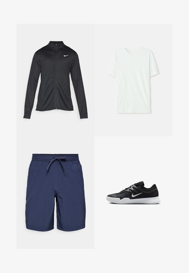 Črna atletska jakna z dolgimi rokavi, ovratnikom in polnim zadrgo. Vključuje diskreten bel Nike logotip na zgornjem levem delu prsnega koša. Gladka tekstura.; Svetlo mint zelena majica s kratkimi rukavi, izdelana iz mehkega blaga. Ima okroglo ovratnico in preprost, ravno kroj brez okrasnih elementov.; Mornarske kopalne hlače z elastičnim pasom, nastavljivim vrvico, sprednjimi žepi in gladko, lahko teksturo tkanine.; Črne atletske čevlje z teksturirano zgornjico, belim Nike znakom in belim gumijastim zunanjim podplatom. Imajo vezalni dizajn in dinamično obliko.