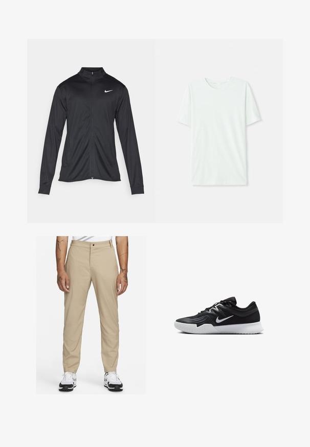 Μαύρο αθλητικό μπουφάν με μακριά μανίκια, γιακά και πλήρη φερμουάρ. Διαθέτει ένα διακριτικό λευκό λογότυπο της Nike στη πάνω αριστερή πλευρά του στήθους. Λείος υφασμάτινος χαρακτήρας.; Φωτεινό μέντα πράσινο κοντομάνικο μπλουζάκι από μαλακό ύφασμα. Διαθέτει στρογγυλή λαιμόκοψη και απλή, ευθεία γραμμή χωρίς διακοσμήσεις.; Nike Golf DRI-FIT VICTORY - Παντελόνι - khaki/black; Μαύρο αθλητικό παπούτσι με υφή στο επάνω μέρος, λευκό σήμα Nike και λευκή καουτσούκ σόλα. Διαθέτει σχέδιο με κορδόνια και δυναμικό σχήμα.