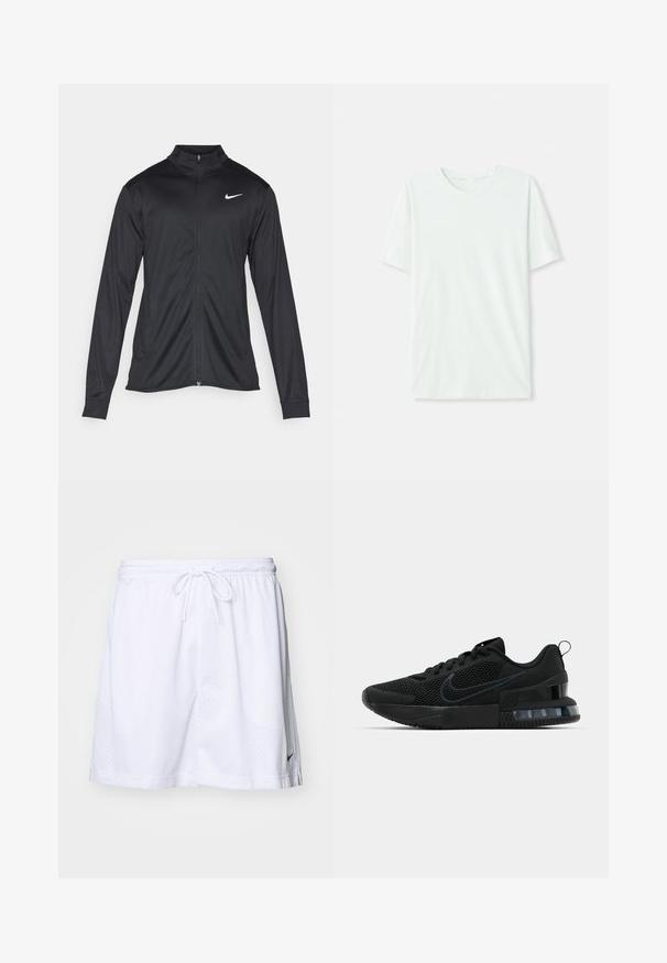 Čierna športová bunda s dlhými rukávmi, golierom a plným zipsom. Obsahuje nenápadné logo Nike v bielej farbe na hornej ľavej hrudi. Hladká textúra.; Svetlo mentolová kráťacia tričko s krátkym rukávom vyrobené z jemnej látky. Má okrúhly výstrih a jednoduchý, rovný strih bez ozdôb.; Biele športové šortky z priehľadnej sieťoviny s elastickým pásom, nastaviteľnou šnúrkou a bočnými rozparkami, s malým čiernym logom na dolnom leme.; Čierna atletická obuv Nike so sieťovinovým zvrškom, gumovou podrážkou, polstrovaným golierom a výrazným priehľadným akcentom na podpätku.
