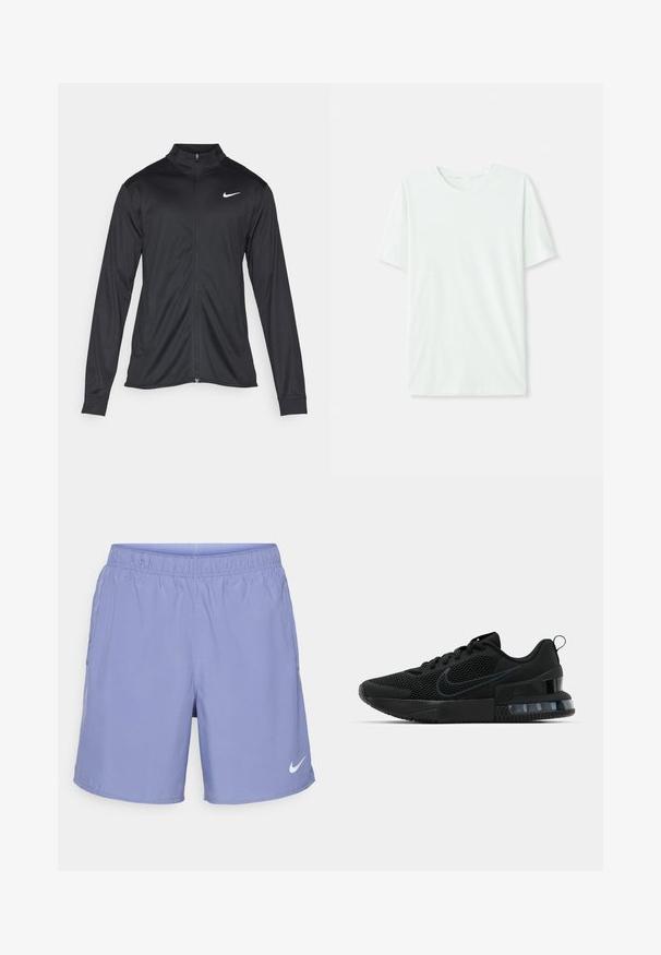 Jachetă sportivă neagră cu mâneci lungi, guler și fermoar complet. Prezintă un logo Nike subtil, alb, pe pieptul din stânga sus. Textură netedă.; Tricou scurt, de culoare verde mentă, din țesătură moale. Are un gât rotund și o croială simplă, dreaptă, fără embellishments.; Șorturi Nike, violet deschis, cu talie elastică, două buzunare laterale și detaliu alb cu logo pe piciorul stâng jos. Material neted, ușor.; Pantofii atletici negri Nike au un superior din plasă, talpă din cauciuc, guler căptușit și un accent distinct transparent în călcâi.