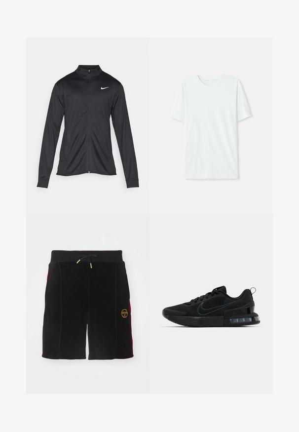 Chaqueta atlética negra con mangas largas, collar y cremallera completa. Presenta un sutil logo de Nike en blanco en la parte superior izquierda del pecho. Textura suave.; Camiseta de manga corta en verde menta claro, hecha de tela suave. Presenta un cuello redondo y un corte recto simple, sin adornos.; Pantalones cortos de terciopelo negro con cintura ajustable, acentos laterales rojos y un logotipo bordado en dorado en la pierna izquierda. Textura suave, de largo hasta la rodilla.; Zapatilla deportiva negra de Nike con parte superior de malla, suela de goma, cuello acolchado y un distintivo acento transparente en el talón.