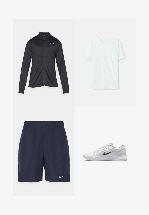 Černá sportovní bunda s dlouhými rukávy, límcem a plným zipem. Má decentní bílou logo značky Nike na horní levé části hrudi. Hladká textura.; Světle máková zelená krátkosrstá tričko vyrobené z měkké tkaniny. Má kulatý výstřih a jednoduchý, rovný střih bez ozdob.; Námořnické sportovní šortky vyrobené z lehkého materiálu, s elastickým pasem a malým bílým logem Nike na levé nohavici.; Bílá sportovní obuv s texturovaným síťovaným svrchním materiálem, černým logem Nike, polstrovaným límcem a gumovou podrážkou s vzorkem na běhání.