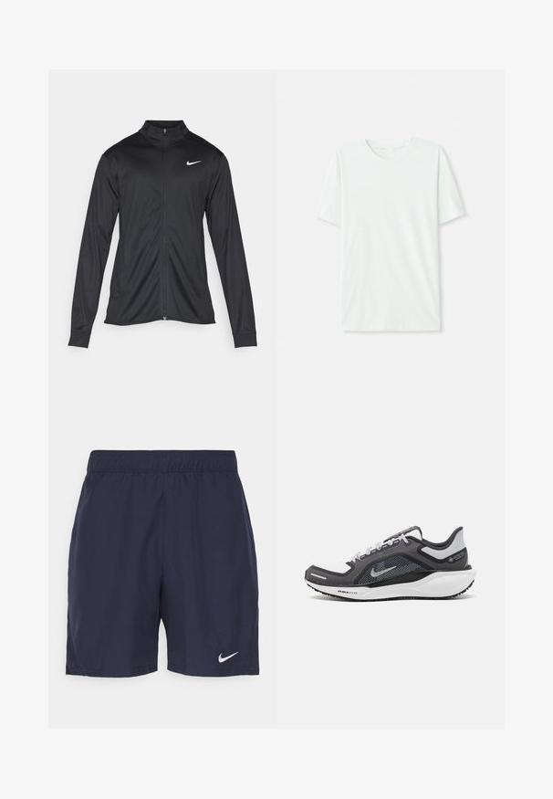 Črna atletska jakna z dolgimi rokavi, ovratnikom in polnim zadrgo. Vključuje diskreten bel Nike logotip na zgornjem levem delu prsnega koša. Gladka tekstura.; Svetlo mint zelena majica s kratkimi rukavi, izdelana iz mehkega blaga. Ima okroglo ovratnico in preprost, ravno kroj brez okrasnih elementov.; Morske športne kratke hlače iz lahkega materiala, s elastičnim pasom in majhnim belim Nike logotipom na levi nogi.; Črne in sive atletske čevlje z mrežasto zgornjim delom, odsevnimi detajli in belim srednjim podplatom. Imajo strukturiran gumijast podplat in vezalke.